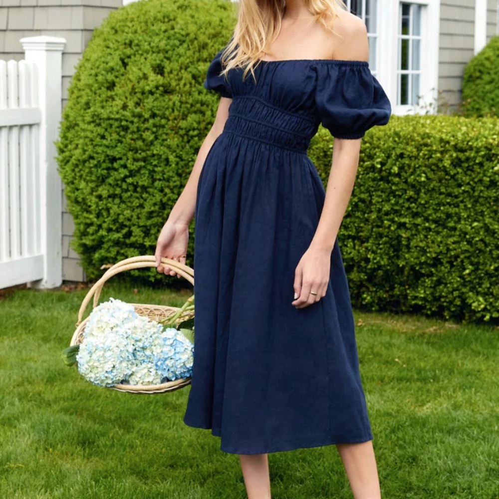 Everyone Loves The Weekend Positano Navy Off-Shoulder Linen Dress Medium